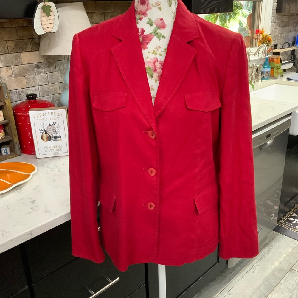 Talbots Petites Linen Silk Blend 12P Red Jacket Blazer Lined Pockets Preppy VTG